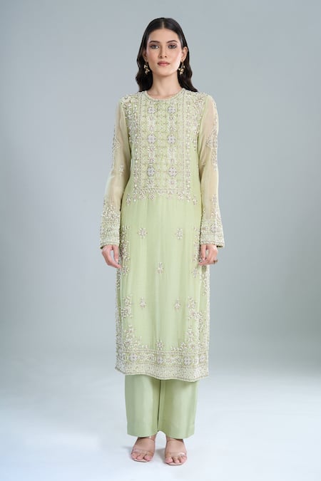 Anamika Khanna Green Embroidery Round Neck Mint Straight Kurta Set Online at Aza Fashions Anamika Khanna_Green Embroidery Round Neck Mint Straight Kurta Set_Online_at_Aza_Fashions