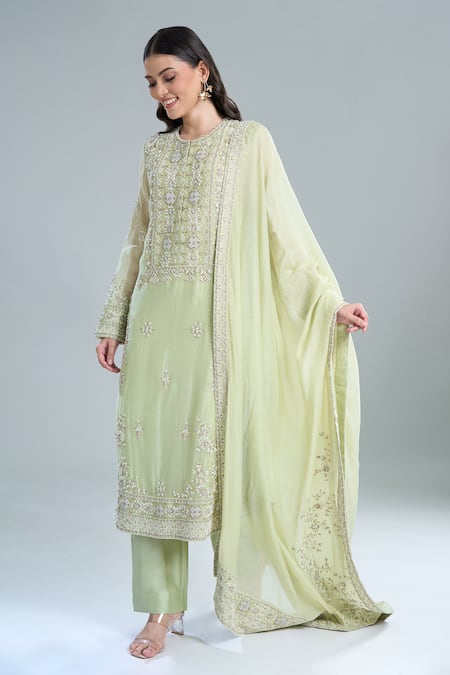 Buy Anamika Khanna Green Embroidery Round Neck Mint Straight Kurta Set Online at Aza Fashions Buy_Anamika Khanna_Green Embroidery Round Neck Mint Straight Kurta Set_Online_at_Aza_Fashions