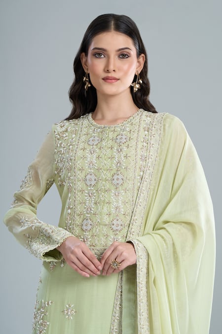Anamika Khanna Green Embroidery Round Neck Mint Straight Kurta Set at Aza Fashions Anamika Khanna_Green Embroidery Round Neck Mint Straight Kurta Set_at_Aza_Fashions