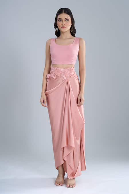 Anamika Khanna_Rose Gold Chiffon Embroidery Mandarin Collar, Pink Shirt And Draped Skirt Set_Online_at_Aza_Fashions