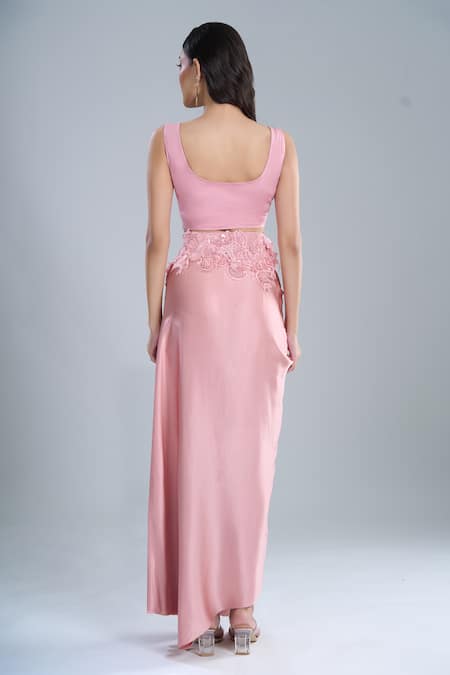 Buy_Anamika Khanna_Rose Gold Chiffon Embroidery Mandarin Collar, Pink Shirt And Draped Skirt Set_Online_at_Aza_Fashions