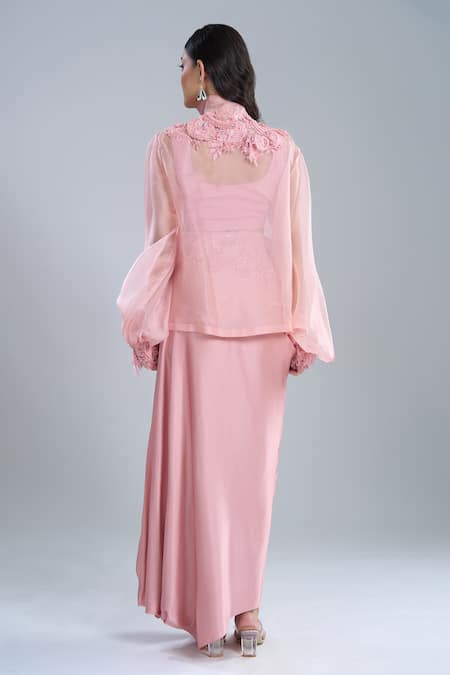 Anamika Khanna Rose Pink Embroidered Shirt & Draped Skirt Set 