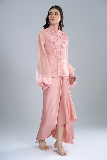 Anamika Khanna_Rose Gold Chiffon Embroidery Mandarin Collar, Pink Shirt And Draped Skirt Set_at_Aza_Fashions