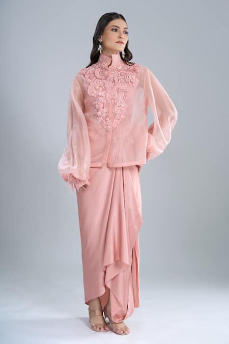 Anamika Khanna Rose Gold Chiffon Embroidery Mandarin Collar, Pink Shirt And Draped Skirt Set 