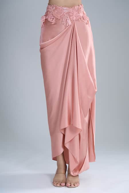 Buy_Anamika Khanna_Rose Gold Chiffon Embroidery Mandarin Collar, Pink Shirt And Draped Skirt Set
