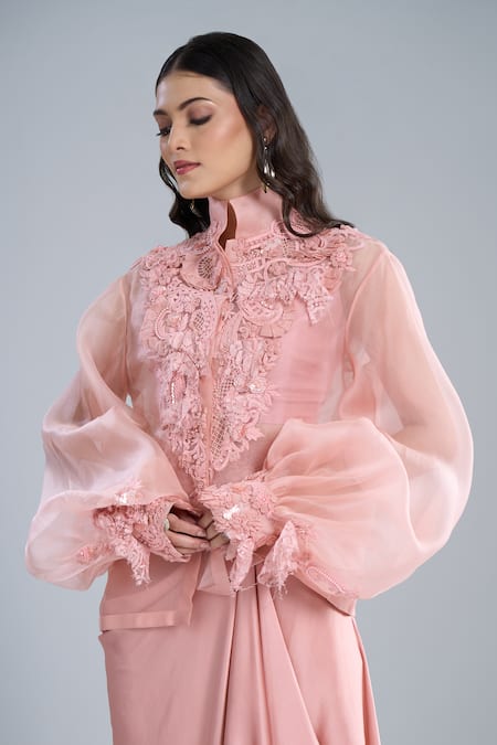 Shop_Anamika Khanna_Rose Gold Chiffon Embroidery Mandarin Collar, Pink Shirt And Draped Skirt Set