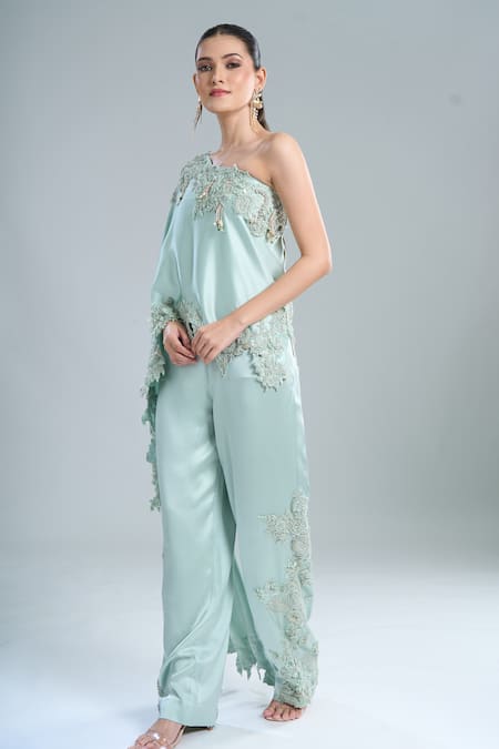 Shop_Anamika Khanna_Blue Embroidery Asymmetric, One Shoulder Cape Pant Set _Online_at_Aza_Fashions