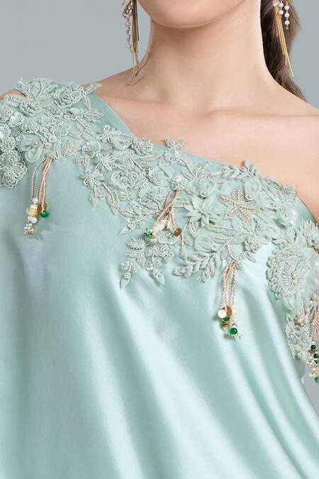 Anamika Khanna_Blue Embroidery Asymmetric, One Shoulder Cape Pant Set _at_Aza_Fashions