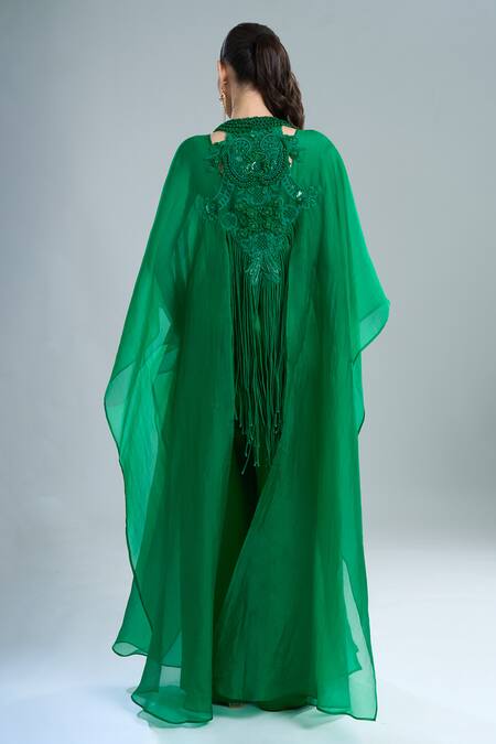 Shop Anamika Khanna Emerald Green Embroidery Open , Crew Cape Pant Set at Aza Fashions Shop_Anamika Khanna_Emerald Green Embroidery Open , Crew Cape Pant Set_at_Aza_Fashions
