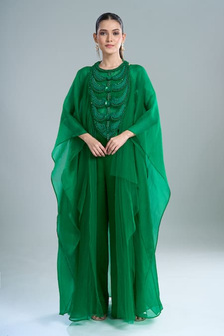 Anamika Khanna Emerald Green Embroidery Open , Crew Cape Pant Set