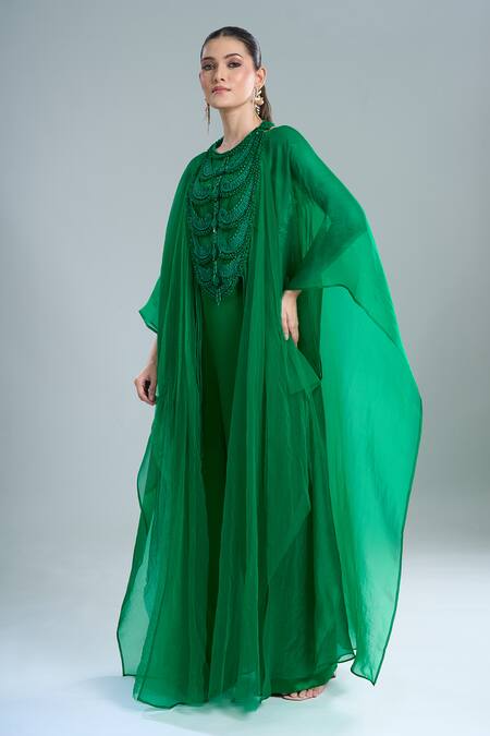 Shop Anamika Khanna Emerald Green Embroidery Open , Crew Cape Pant Set Online at Aza Fashions Shop_Anamika Khanna_Emerald Green Embroidery Open , Crew Cape Pant Set_Online_at_Aza_Fashions
