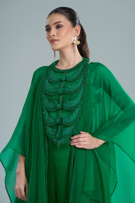 Anamika Khanna Emerald Green Embroidery Open , Crew Cape Pant Set at Aza Fashions Anamika Khanna_Emerald Green Embroidery Open , Crew Cape Pant Set_at_Aza_Fashions