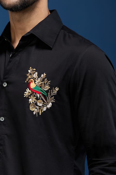 Rohit Bal Black Poplin Embroidery Placed Parrot Shirt Online at Aza Fashions Rohit Bal_Black Poplin Embroidery Placed Parrot Shirt _Online_at_Aza_Fashions