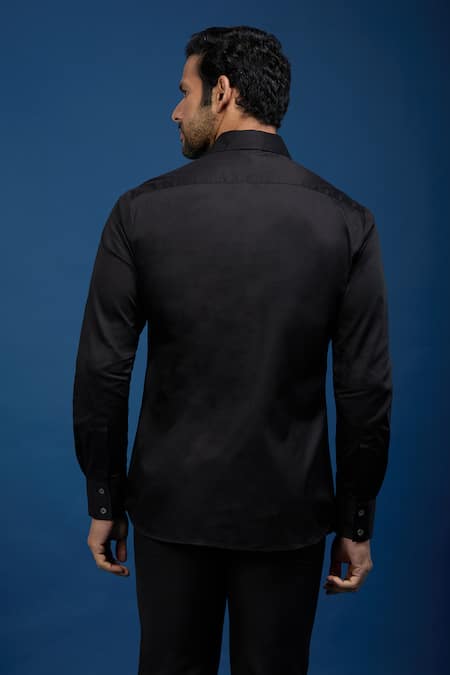 Shop Rohit Bal Black Poplin Embroidery Placed Parrot Shirt at Aza Fashions Shop_Rohit Bal_Black Poplin Embroidery Placed Parrot Shirt _at_Aza_Fashions