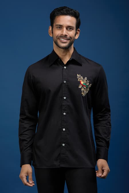 Rohit Bal Black Poplin Embroidery Placed Parrot Shirt 