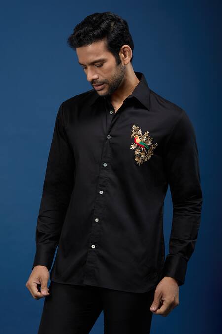 Buy Rohit Bal Black Poplin Embroidery Placed Parrot Shirt Online at Aza Fashions Buy_Rohit Bal_Black Poplin Embroidery Placed Parrot Shirt _Online_at_Aza_Fashions