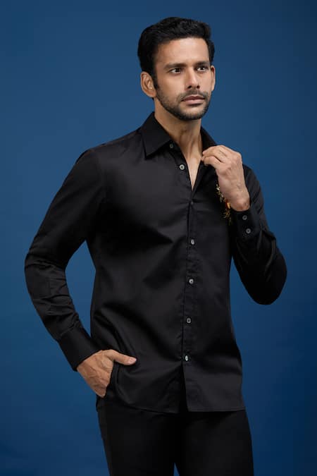 Rohit Bal Black Poplin Embroidery Placed Parrot Shirt at Aza Fashions Rohit Bal_Black Poplin Embroidery Placed Parrot Shirt _at_Aza_Fashions