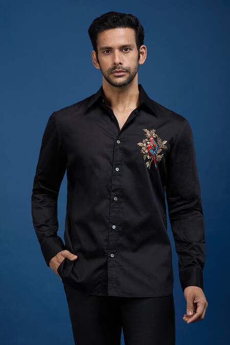 Rohit Bal_Black Poplin Embroidery Placed Parrots Shirt _Online_at_Aza_Fashions