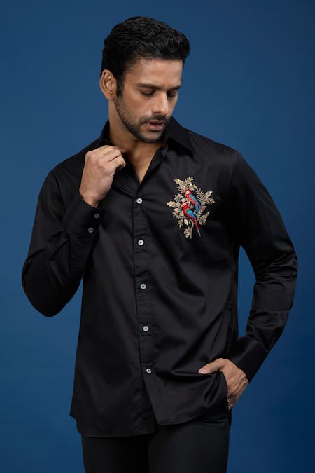 Buy_Rohit Bal_Black Poplin Embroidery Placed Parrots Shirt _Online_at_Aza_Fashions