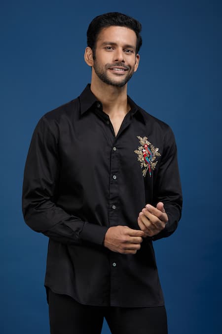 Shop_Rohit Bal_Black Poplin Embroidery Placed Parrots Shirt _Online_at_Aza_Fashions