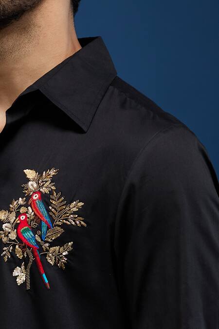 Rohit Bal_Black Poplin Embroidery Placed Parrots Shirt _at_Aza_Fashions