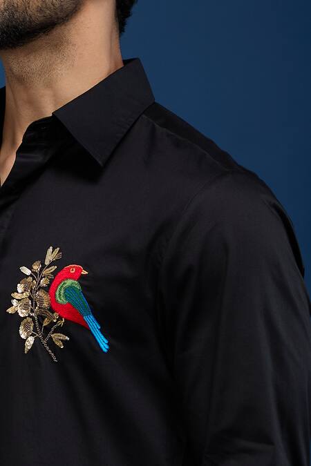 Rohit Bal Black Poplin Embroidery Placed Parrot Shirt Online at Aza Fashions Rohit Bal_Black Poplin Embroidery Placed Parrot Shirt _Online_at_Aza_Fashions
