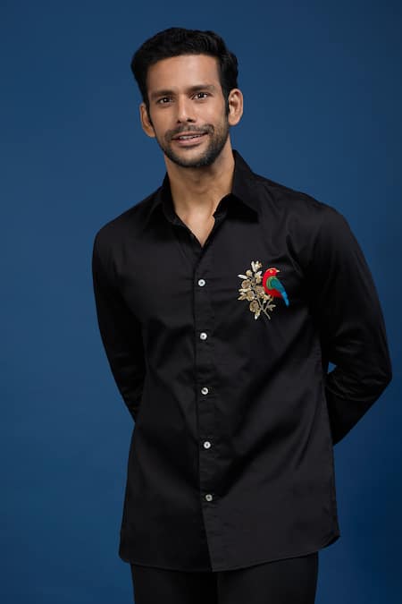 Buy Rohit Bal Black Poplin Embroidery Placed Parrot Shirt Online at Aza Fashions Buy_Rohit Bal_Black Poplin Embroidery Placed Parrot Shirt _Online_at_Aza_Fashions
