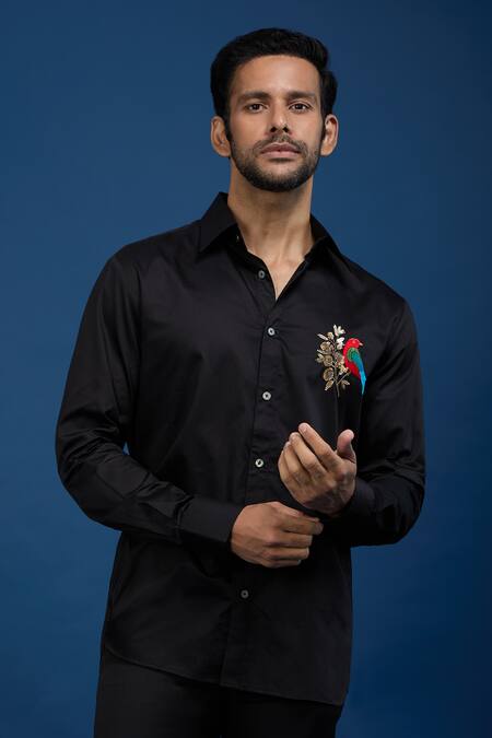 Shop Rohit Bal Black Poplin Embroidery Placed Parrot Shirt Online at Aza Fashions Shop_Rohit Bal_Black Poplin Embroidery Placed Parrot Shirt _Online_at_Aza_Fashions