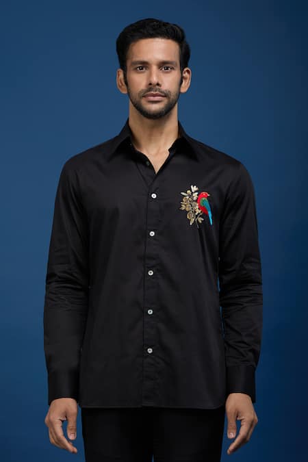 Rohit Bal Black Poplin Embroidery Placed Parrot Shirt at Aza Fashions Rohit Bal_Black Poplin Embroidery Placed Parrot Shirt _at_Aza_Fashions