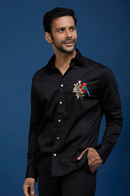 Rohit Bal Black Poplin Embroidery Placed Parrot Shirt