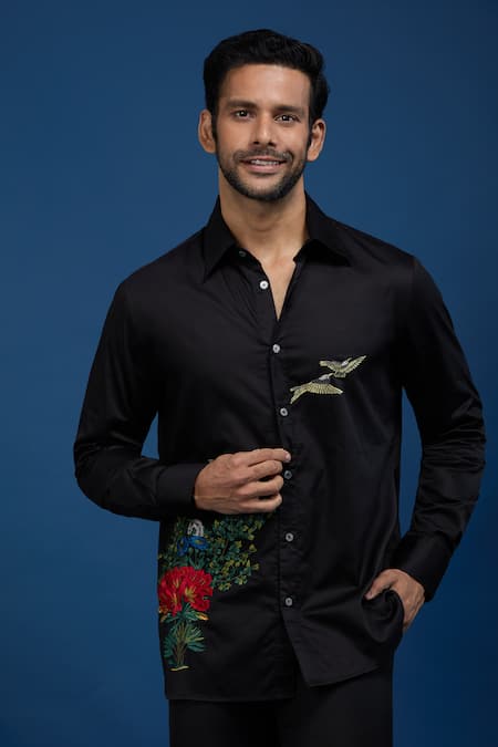 Rohit Bal_Black Poplin Embroidery Birds Paradise Shirt _Online_at_Aza_Fashions