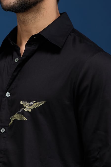 Buy_Rohit Bal_Black Poplin Embroidery Birds Paradise Shirt _Online_at_Aza_Fashions