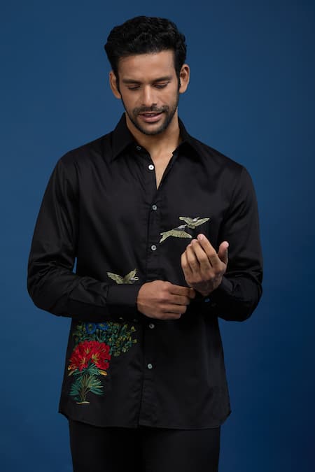 Shop_Rohit Bal_Black Poplin Embroidery Birds Paradise Shirt _Online_at_Aza_Fashions