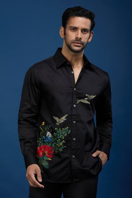 Rohit Bal_Black Poplin Embroidery Birds Paradise Shirt _at_Aza_Fashions