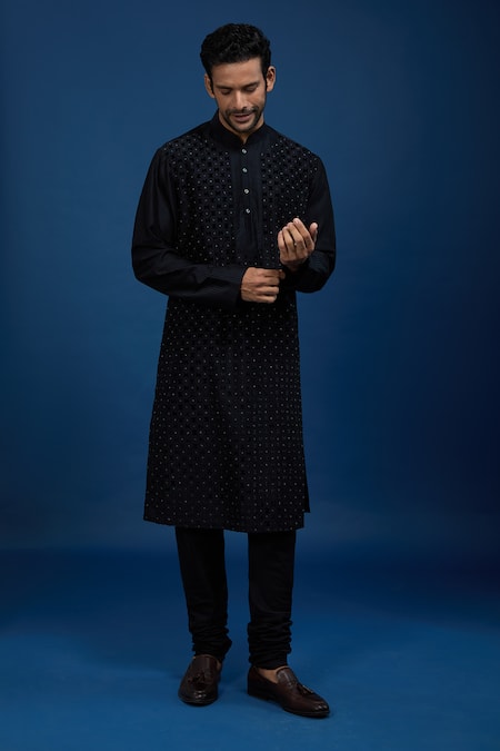 Rohit Bal_Black Chanderi Beads Embroidered Kurta Set _Online_at_Aza_Fashions