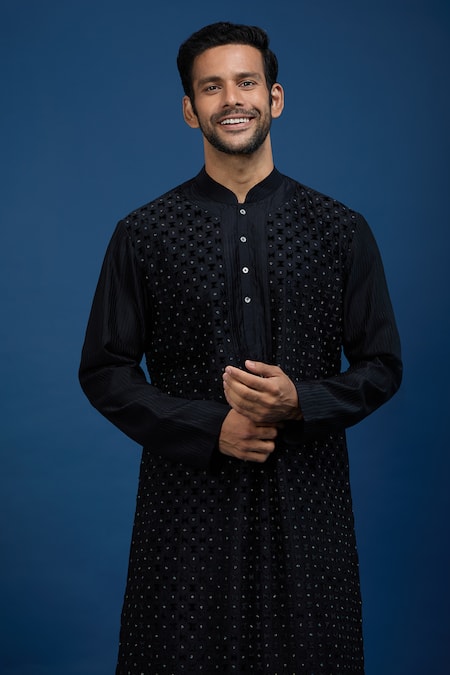 Shop_Rohit Bal_Black Chanderi Beads Embroidered Kurta Set _Online_at_Aza_Fashions