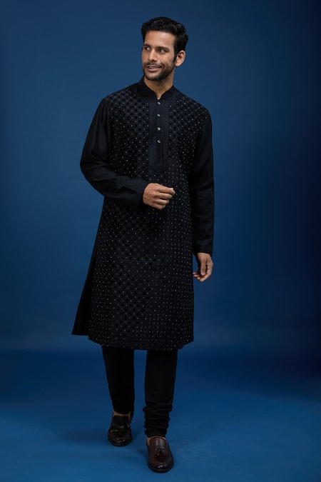 Rohit Bal_Black Chanderi Beads Embroidered Kurta Set _at_Aza_Fashions