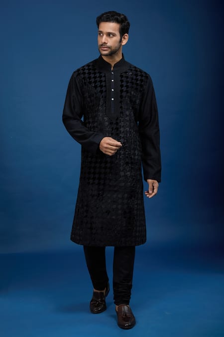 Rohit Bal_Black Chanderi Embroidery Kurta Set _Online_at_Aza_Fashions