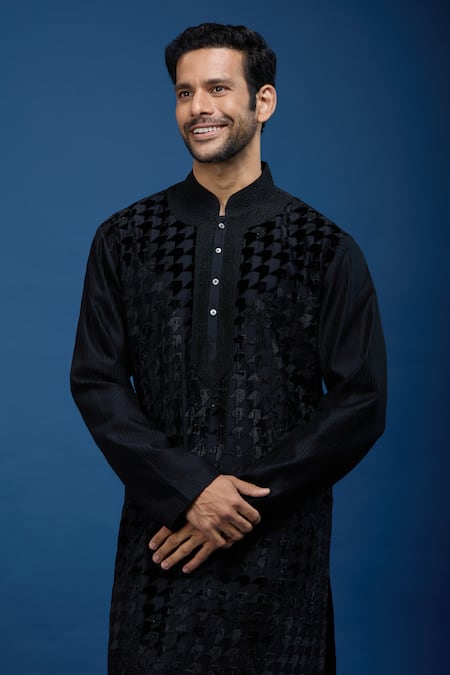 Shop_Rohit Bal_Black Chanderi Embroidery Kurta Set _Online_at_Aza_Fashions