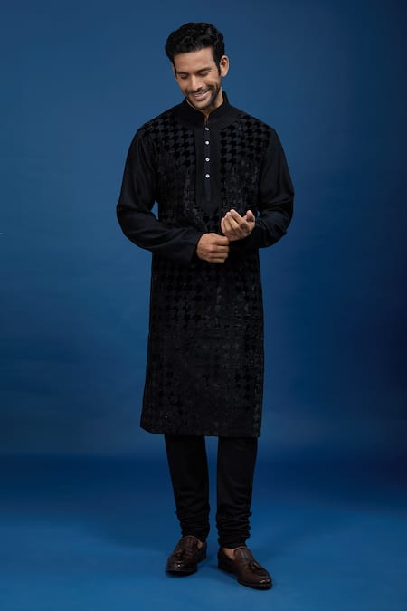 Rohit Bal Black Chanderi Embroidery Kurta Set