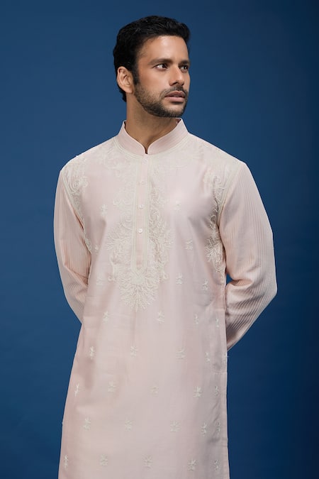Rohit Bal_Pink Chanderi Embroidery Floral Kurta Set _Online_at_Aza_Fashions