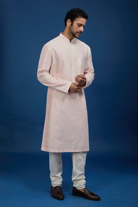 Shop_Rohit Bal_Pink Chanderi Embroidery Floral Kurta Set _Online_at_Aza_Fashions