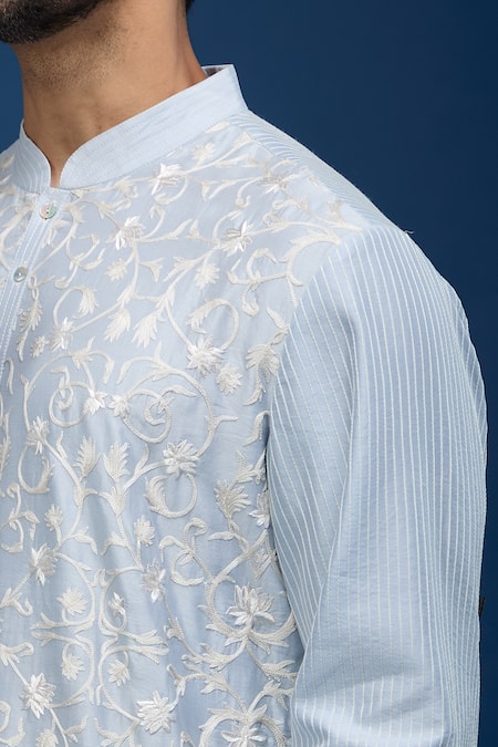 Rohit Bal_Blue Chanderi Floral Vine Embroidered Kurta Set _Online_at_Aza_Fashions