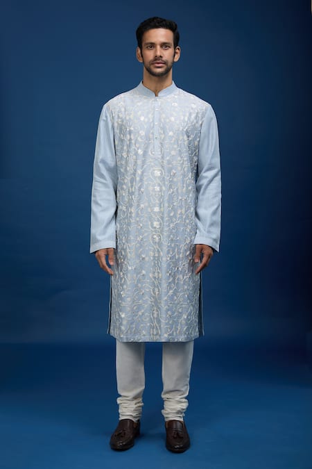 Shop_Rohit Bal_Blue Chanderi Floral Vine Embroidered Kurta Set _Online_at_Aza_Fashions