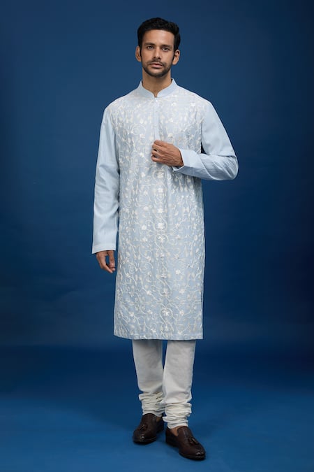 Rohit Bal_Blue Chanderi Floral Vine Embroidered Kurta Set _at_Aza_Fashions