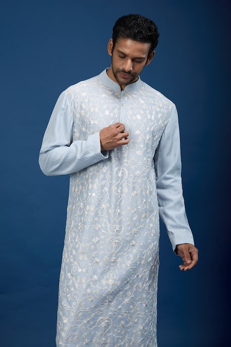 Buy_Rohit Bal_Blue Chanderi Floral Vine Embroidered Kurta Set 