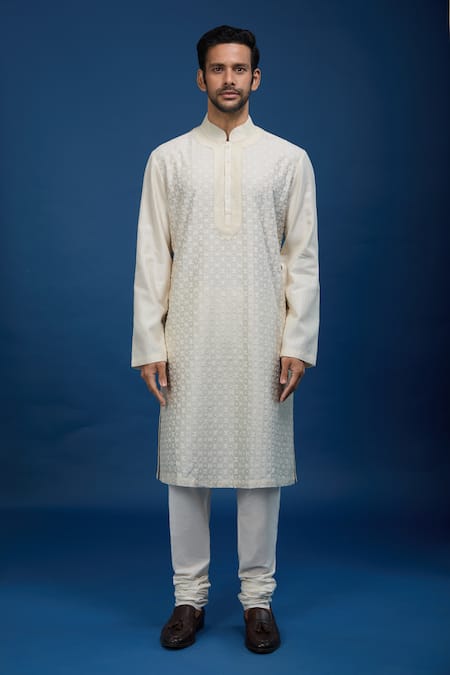 Rohit Bal_Ivory Chanderi Embroidery Kurta Set _at_Aza_Fashions
