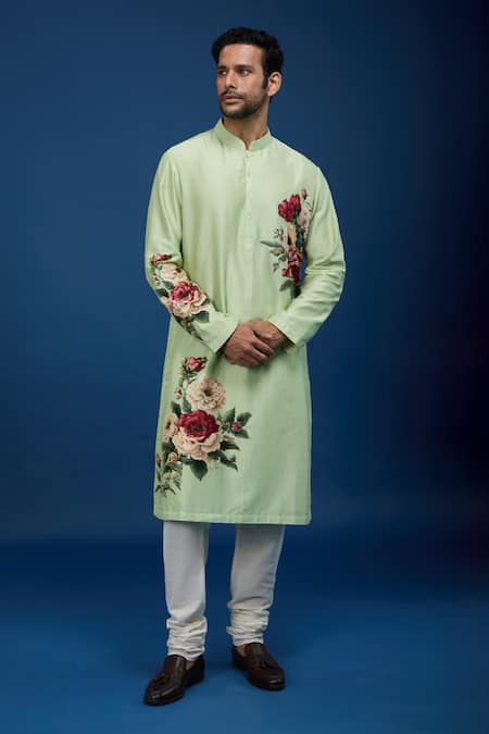 Rohit Bal Green Chanderi Embroidery Floral Print Kurta Set