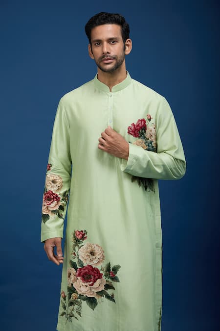 Buy_Rohit Bal_Green Chanderi Embroidery Floral Print Kurta Set _Online_at_Aza_Fashions