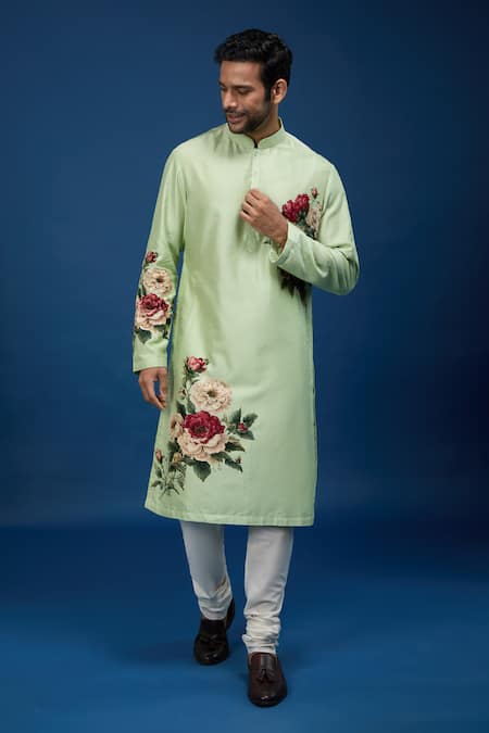 Shop_Rohit Bal_Green Chanderi Embroidery Floral Print Kurta Set _Online_at_Aza_Fashions
